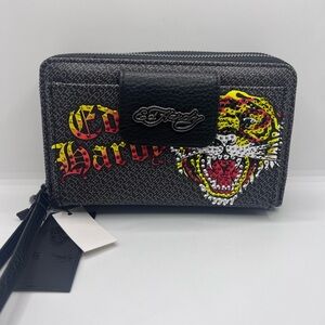 New Ed Hardy Screaming Tiger Logo Rhinestone Wallet Crossbody Wristlet Black NWT
